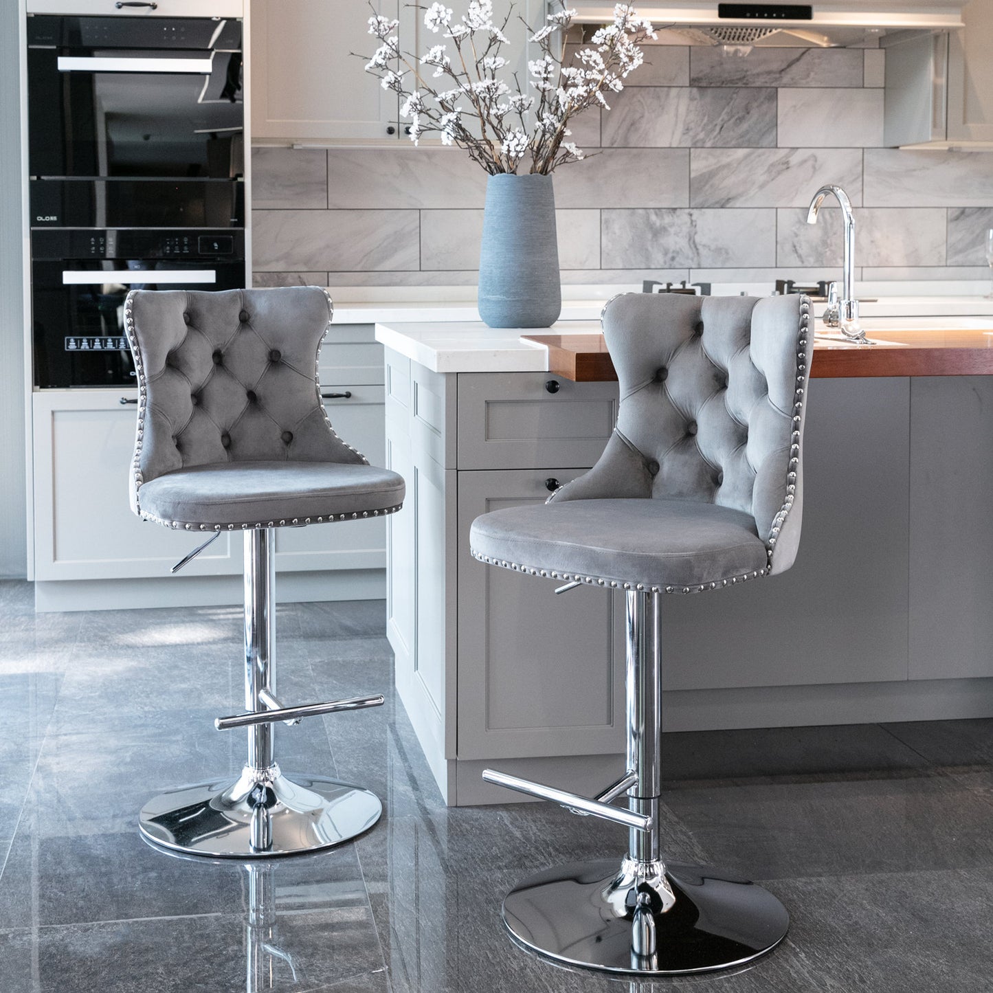 Furniture,Swivel Velvet Barstools Adjusatble Seat Height from 25-33 Inch, Modern Upholstered Chrome base Bar Stools with Backs Comfortable Tufted for Home Pub and Kitchen Island（Gray,Set of 2）