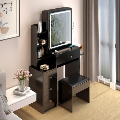 Small Space Left Bedside Cabinet Vanity Table + Cushioned Stool, 2 AC+2 USB Power Station, Hair dryer bracket, Extra Large Touch Control Sliding LED Mirror, Tri-color Switching, Brightness Adjustable