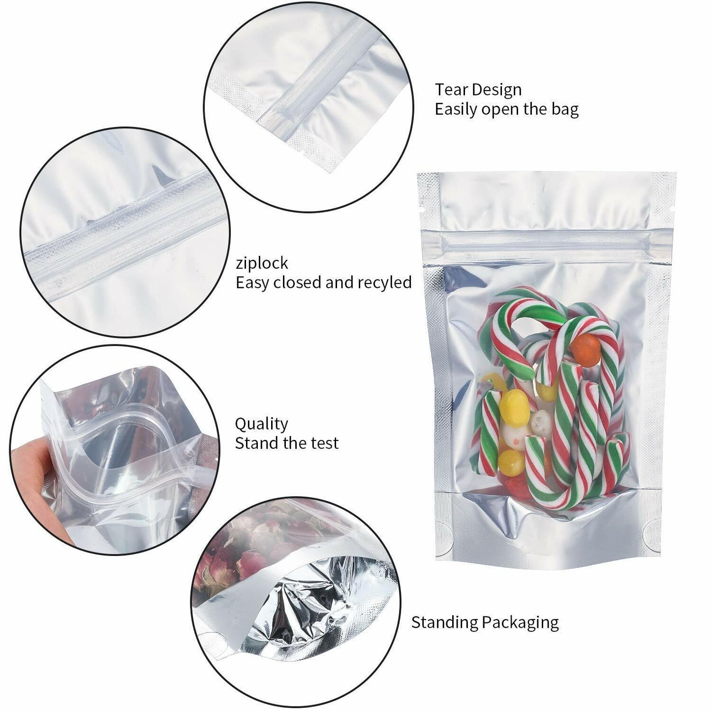 100pcs Silver Clear Resealable Stand Up Foil Mylar Zip Lock Heat Seal Food Bags