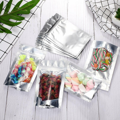 100pcs Silver Clear Resealable Stand Up Foil Mylar Zip Lock Heat Seal Food Bags