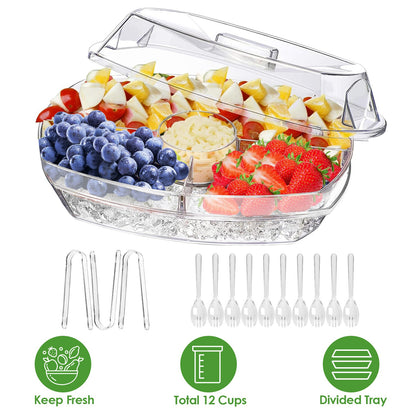 Fruit Ice Serving Tray Chilled Veggie Tray Shrimp Cocktail Serving Dish Appetizer Party Serving Platter Cold Food Buffet Server with Lid and 4 Compartments 3 Tongs 10 Sporks