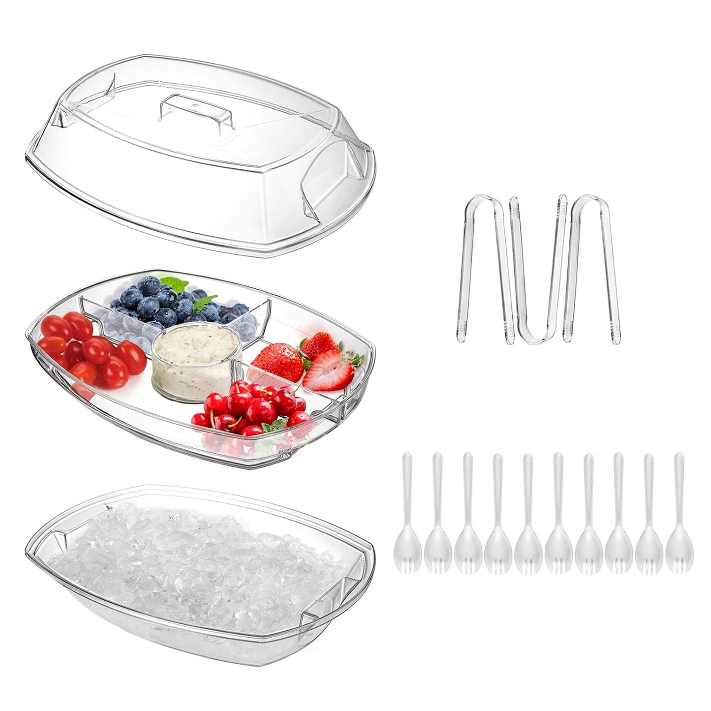 Fruit Ice Serving Tray Chilled Veggie Tray Shrimp Cocktail Serving Dish Appetizer Party Serving Platter Cold Food Buffet Server with Lid and 4 Compartments 3 Tongs 10 Sporks