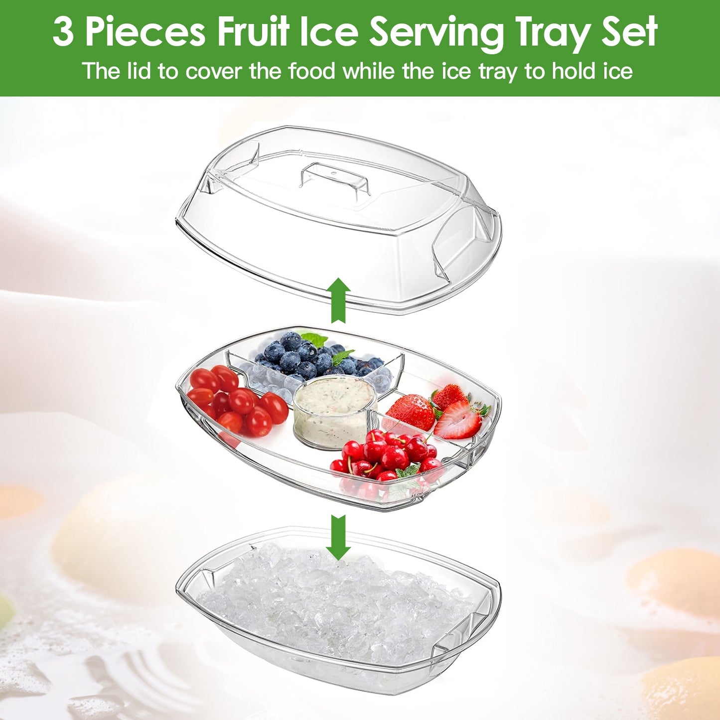 Fruit Ice Serving Tray Chilled Veggie Tray Shrimp Cocktail Serving Dish Appetizer Party Serving Platter Cold Food Buffet Server with Lid and 4 Compartments 3 Tongs 10 Sporks