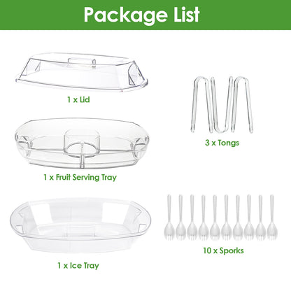 Fruit Ice Serving Tray Chilled Veggie Tray Shrimp Cocktail Serving Dish Appetizer Party Serving Platter Cold Food Buffet Server with Lid and 4 Compartments 3 Tongs 10 Sporks