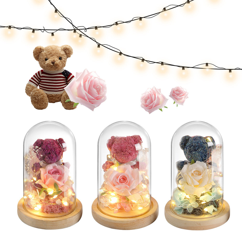 Valentine's Day Gift For Girlfriend Eternal Preserved Rose Flower Gift Box Teddy Bear Eternal Flower With Lights Gift For Women Home Decor